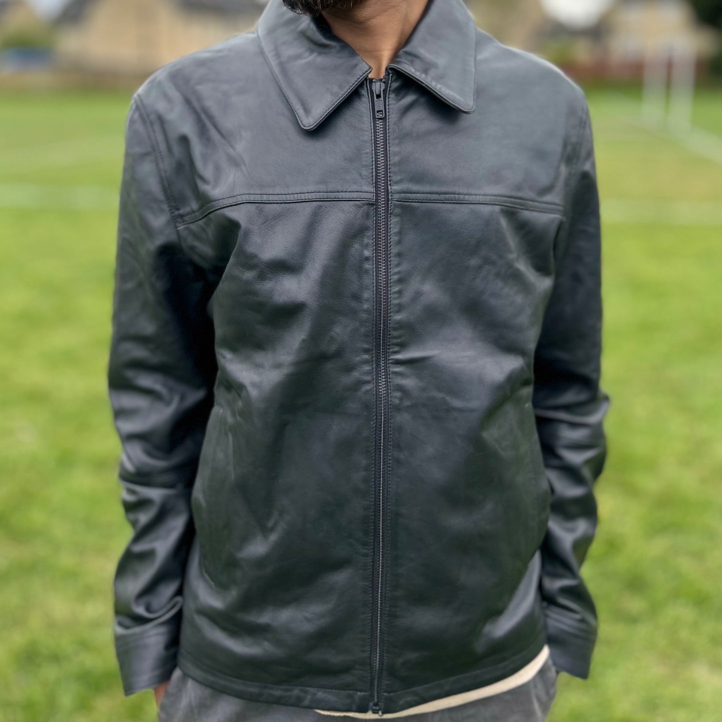 Genuine Leather Jacket with Collar - Black
