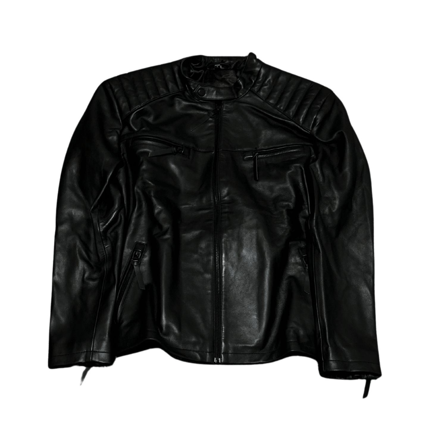 Genuine Padded Shoulder Leather Jacket - Black - ValentiaClothingMy StoreValentia