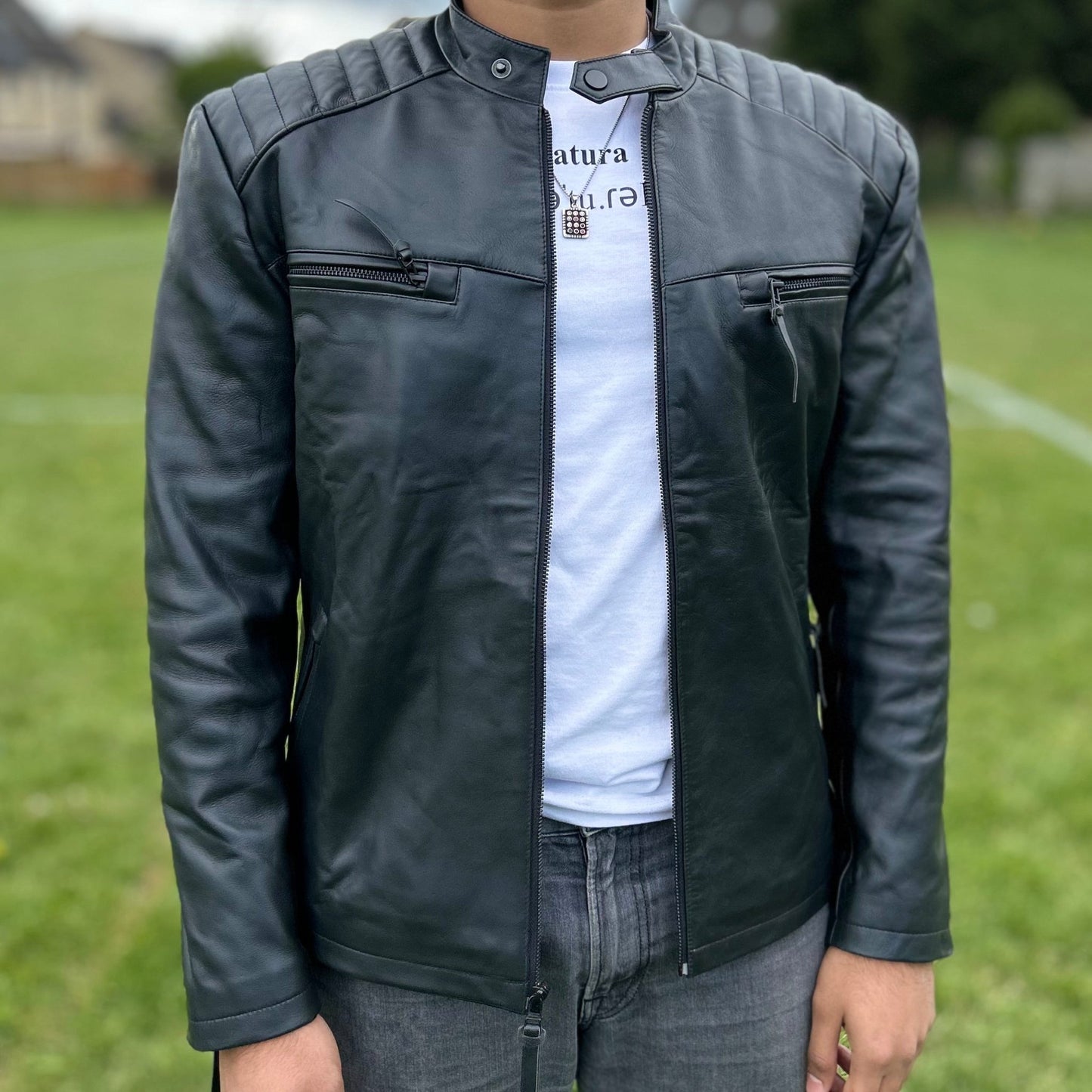 Genuine Padded Shoulder Leather Jacket - Black - ValentiaClothingMy StoreValentia
