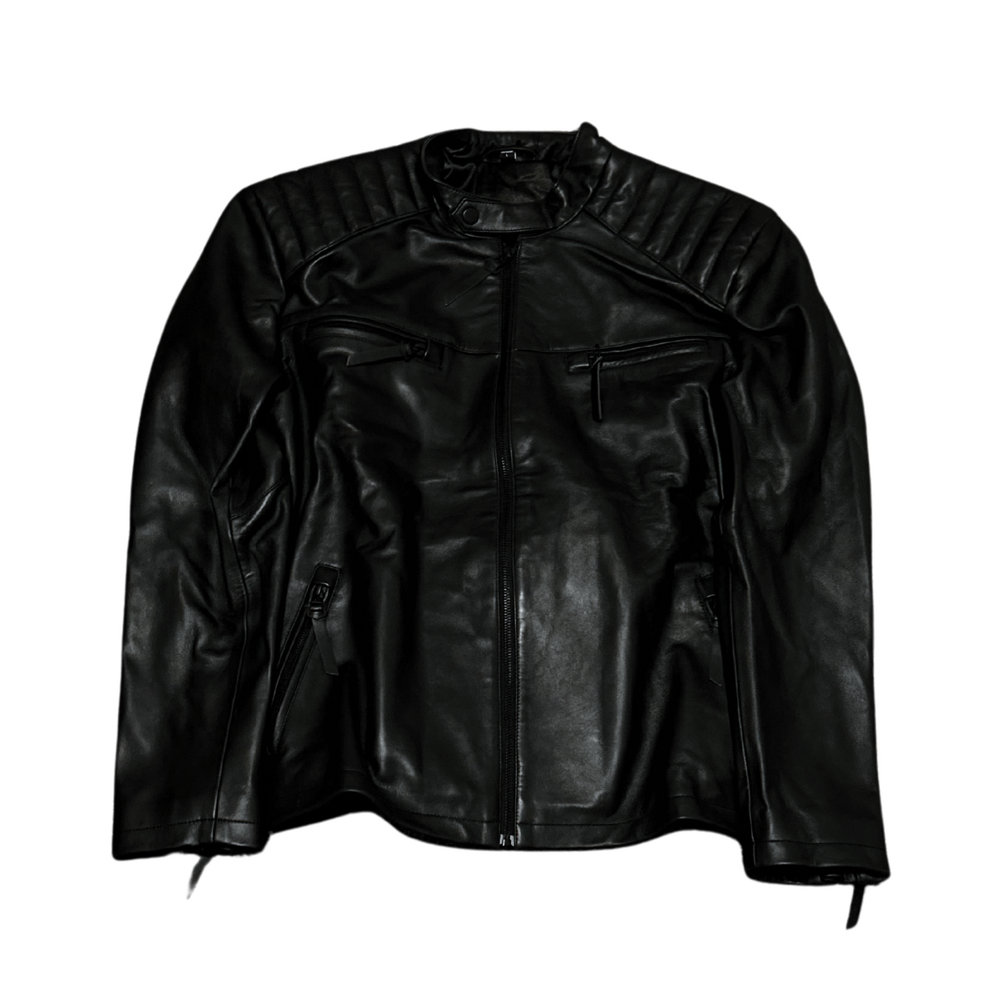 Genuine Padded Shoulder Leather Jacket - Black
