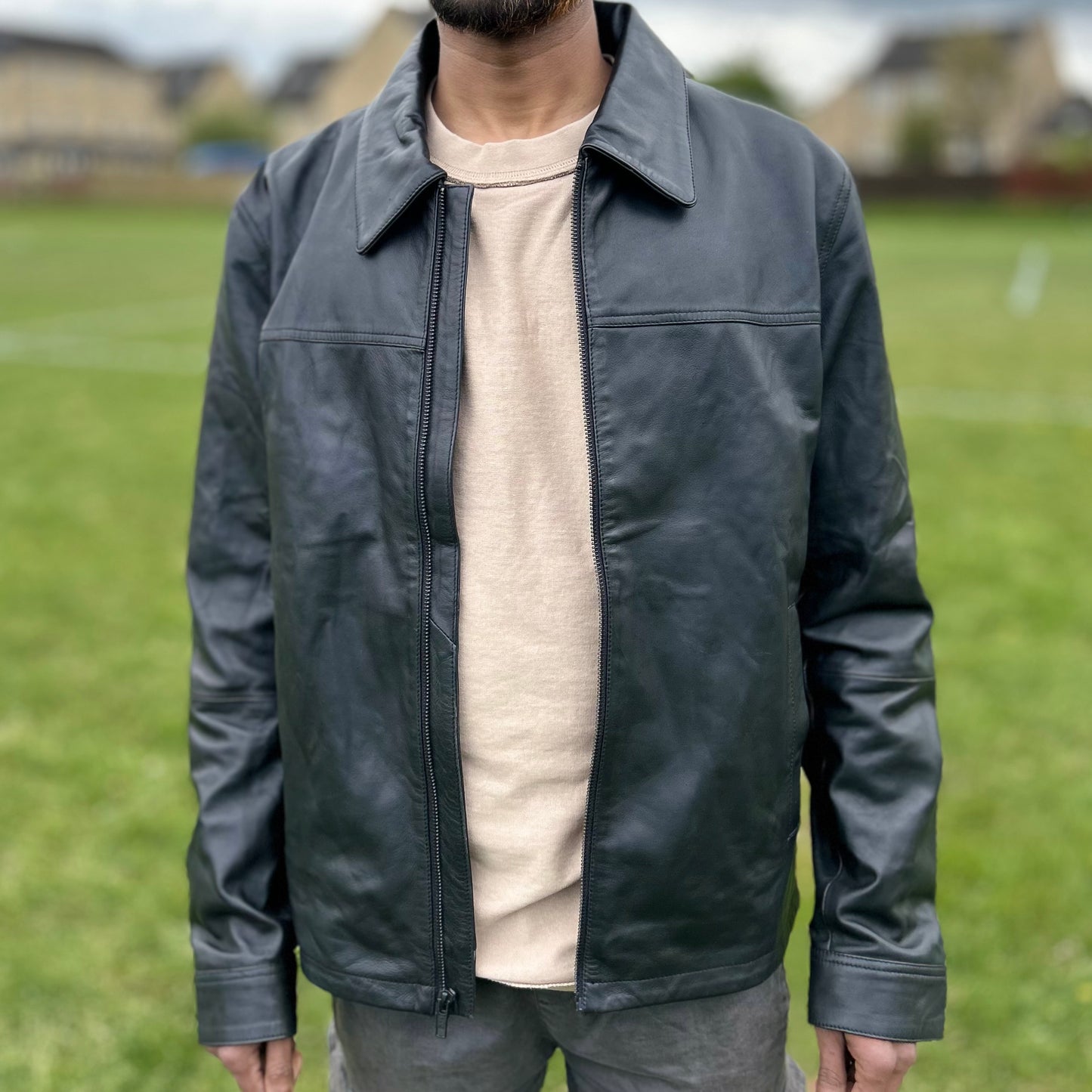 Genuine Leather Jacket with Collar - Black