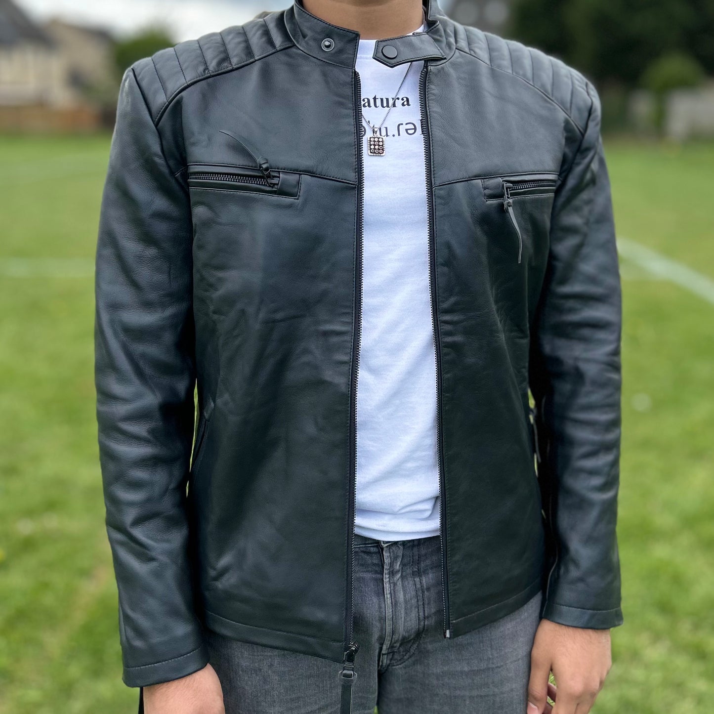 Genuine Padded Shoulder Leather Jacket - Black