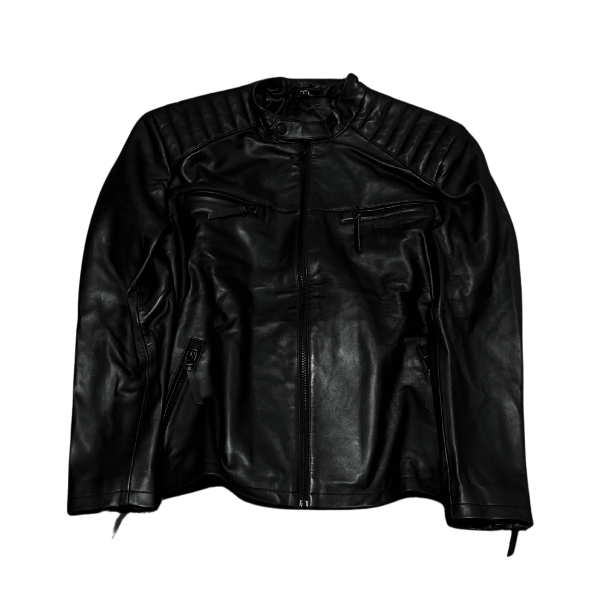 Genuine Padded Shoulder Leather Jacket - Black - ValentiaClothingMy StoreValentia