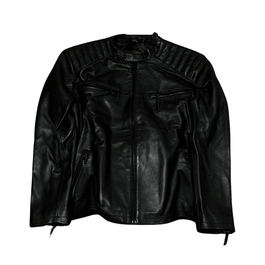 Genuine Padded Shoulder Leather Jacket - Black - ValentiaClothingMy StoreValentia
