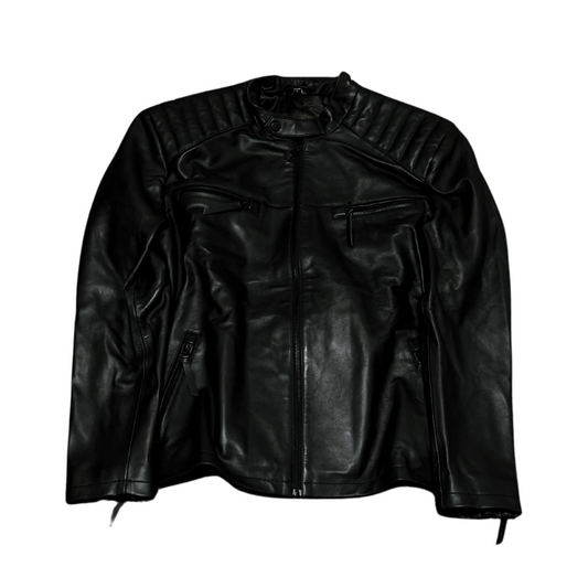 Genuine Padded Shoulder Leather Jacket - Black